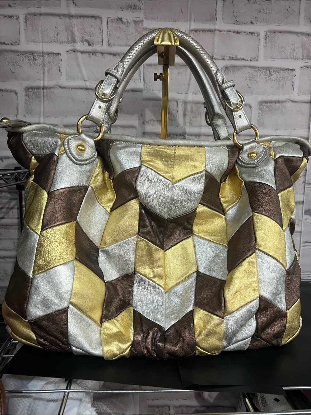 Miu Miu Metallic Patchwork Leather Tote Bag - Silver, Gold & Brown